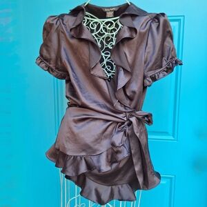 Wrap-Around Top Vintage Black Satin Ruffle Puff Sleeve Blouse